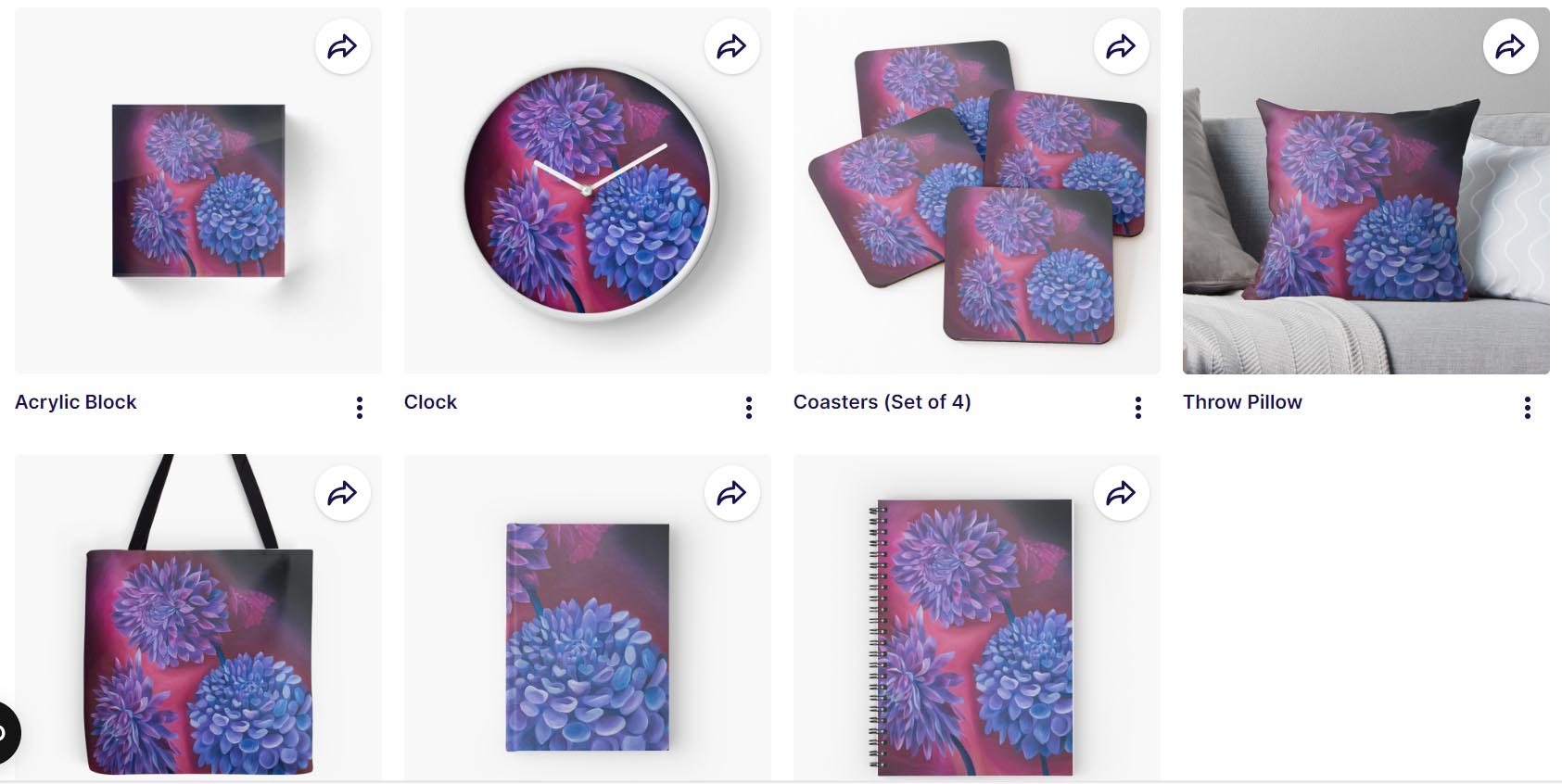 Dahilias design on clock, bags, notebooks